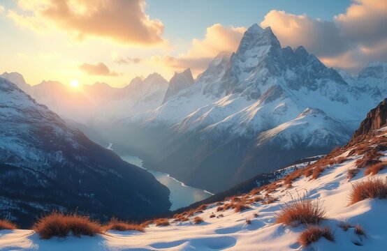 Panoramic view of snowy mountain range bathed in warm sunlight at sunset. Serene landscape features hills covered with fresh snow. Calm lake, clouds, blue sky, sun form beautiful scenic view.