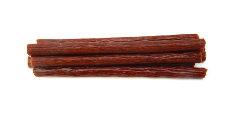 Smoked thin sausages, isolated on white