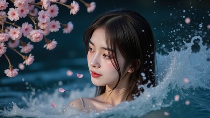 Dreamy Asian Woman in Water with Cherry Blossoms: Serene Beauty & Freshness