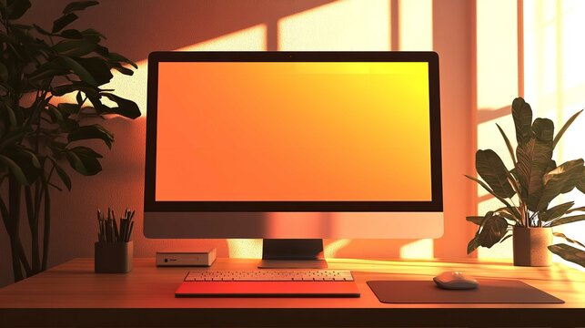 Desktop computer setup home office workspace with plants and warm lighting for productivity and focus