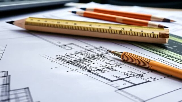 Architectural blueprint with drafting tools on table