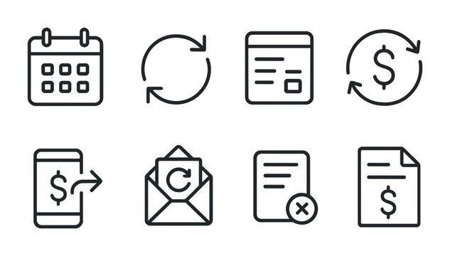 Finance and payments icon set – outline style transactional and monetary symbols for digital banking, currency exchange, and budgeting: calendar, synchronization, document, mobile payment, invoice,