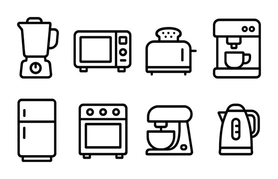 Fototapeta Kitchen appliances icon set – outline style household and cooking equipment symbols for modern home design: blender, microwave, toaster, coffee maker, refrigerator, oven, mixer, kettle