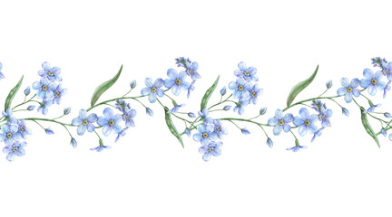 Light blue beautiful branches of forget-me-nots. Delicate botanical watercolor seamless border, suitable for greeting cards, wedding invitations, branding, floristry, packaging and spring design.
