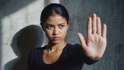 A young female with a determined expression, making the universal 'stop' hand gesture in an urban environment.