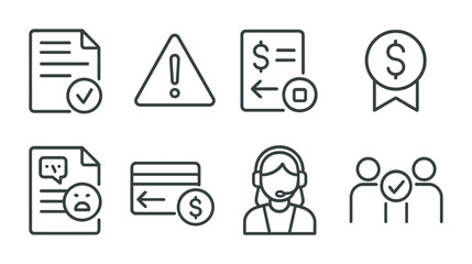 Business and finance icon set – outline style management and accounting symbols for administrative tasks, client interaction, and financial operations: document, alert, invoice, award, chat, payment,