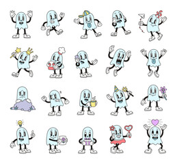 Ghost cartoon characters with emotions gestures objects costumes magic and funny actions in groovy retro outline style