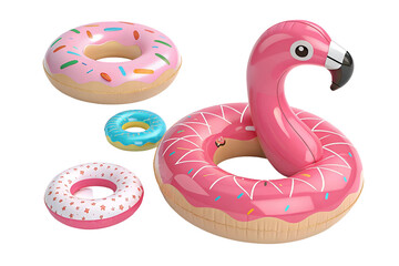 Obraz premium vector illustration of a swimming rings, 3d inflatable swimming rings designs, doughnut and pink flamingo. Realistic pool rubber circle top and side view. Swim lifesaver vector set. Ring inflatable 