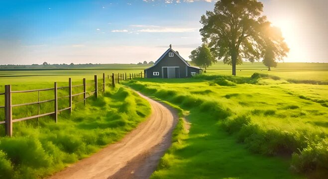Summer countryside landscape with flat and low land Typical Dutch polder with green meadow and the fence Seamless looping time lapse virtual video animation background 4K