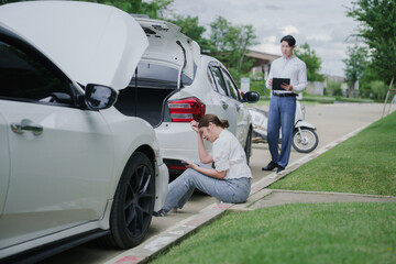 Insurance claim concept, car insurance policy owner talking on the phone with car insurance company holding insurance documents to inform car repair.