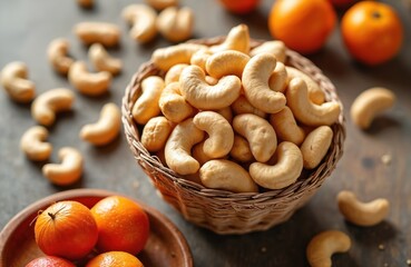 Fototapeta premium Cashew nuts in wicker basket with fresh orange fruit. Nutritious snack for vegetarian. Healthy food source for energy, proteins, vitamins. Cashews are tropical tree seeds, used in cooking and diets.