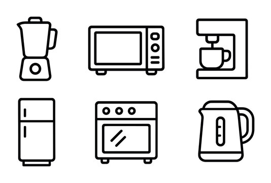 Kitchen and appliances icon set – outline style domestic devices and cooking tools for home and culinary design: blender, microwave, coffee maker, refrigerator, oven, kettle