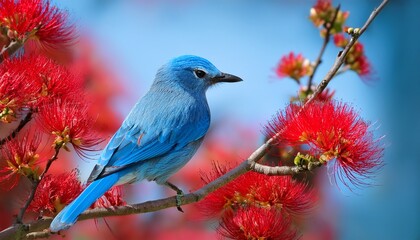 a blue bird sitting on a branch of a tree with red flowers