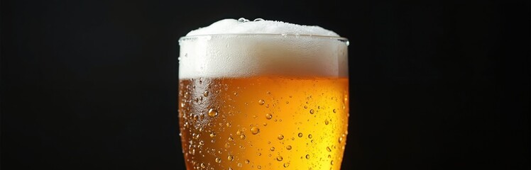 Glass cold beer with water droplets. Refreshing lager drink isolated on black background. Frothy beer with bubbles in drinking glass. Refreshment for relaxation. Perfect for pub, bar, restaurant