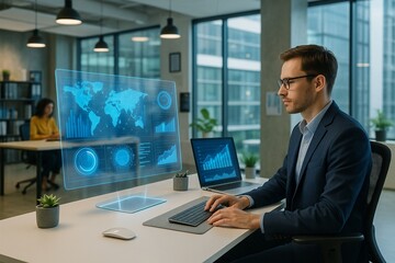 Futuro del Trabajo: Profesional Analizando Datos con Tecnología Holográfica en Oficina Moderna