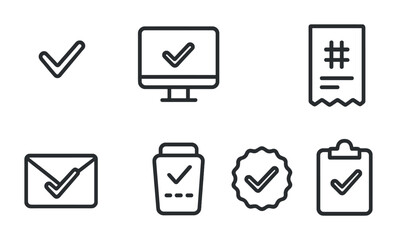 Checklist and task management icon set – outline style productivity and efficiency symbols for organization, planning, and tracking: checkmark, computer monitor, receipt, envelope, file, badge,