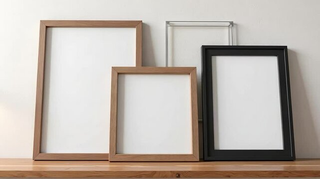 Elegant Empty Picture Frames on Wooden Shelf Home Decor Mockup