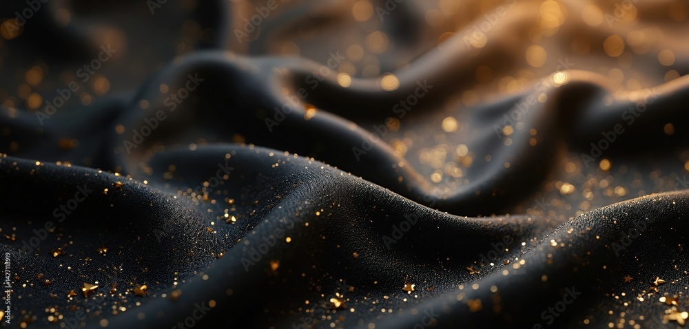 Poster abstract black wavy background with golden glitter. luxurious fabric with smooth texture, elegant de