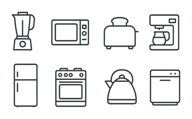 Kitchen appliances icon set – outline style household and cooking equipment symbols for home design, culinary tools, and food preparation: blender, microwave, toaster, coffeemaker, fridge, stove,