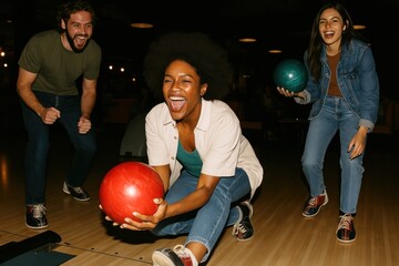 Joyful friends bowling together.
