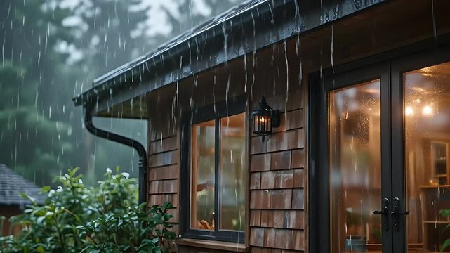 Heavy rain falling on a wooden house.