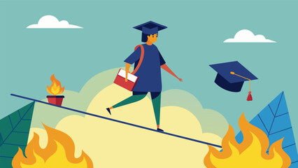 Fototapeta premium A student walking on a tightrope with a pile of burning cash on one side and a wealthy graduation ceremony on the other symbolizing the pressure of. Vector illustration