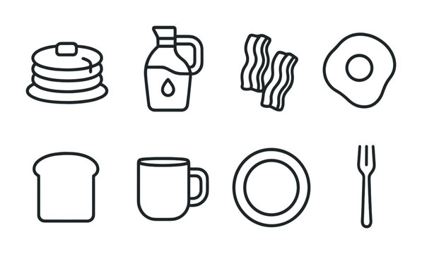 Breakfast food icon set – outline style culinary and morning meal symbols for kitchen and dining: pancakes, syrup, bacon, egg, toast, mug, plate, fork