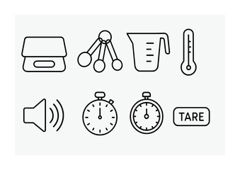 Cooking measurement tools icon set – outline style kitchen and baking symbols for culinary accuracy and food preparation: scale, measuring cups, thermometer, timer, stopwatch, tare