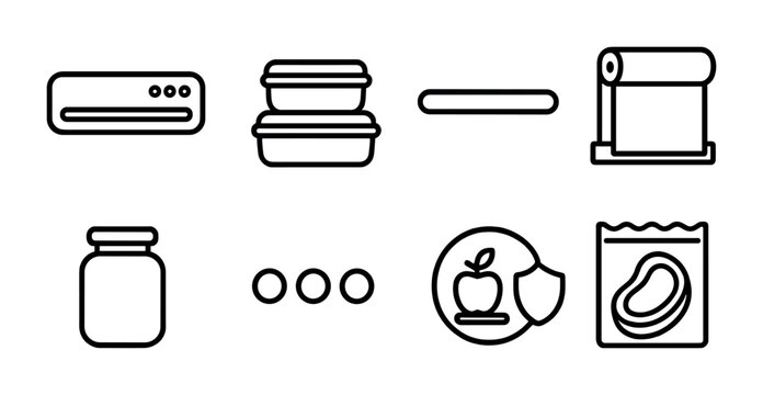 Food storage icon set &ndash; outline style kitchen and pantry organization symbols for efficient usage and safety: tupperware, jar, foil, food label, freezer, beans, safety seal