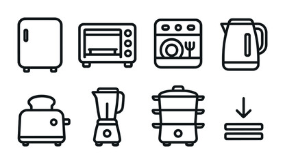Kitchen appliance icon set – outline style symbols for cooking and kitchenware: refrigerator, oven, dishwasher, kettle, toaster, blender, steamer, sandwich maker