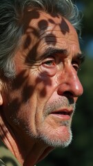 An elderly man with tears on his face intensely listens to a lamentation song, while shadows from tree branches gracefully cross his features, evoking deep emotions.