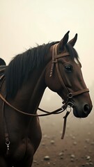 Fototapeta premium A horse is captured with its head bowed in a misty landscape, reflecting a sense of loss near an empty saddle, evoking deep emotions associated with Ashura.