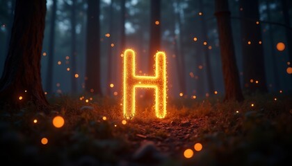 Letter H Glowing In Enchanted Dark Forest Night