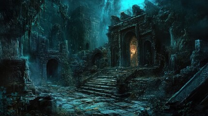 Ancient stone ruins with a glowing light in the darkness