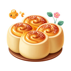 Cartoonish Illustration of Four Caramel Swirl Sweet Rolls with Flowersisolated, transparent background, clipart, cut out, no background