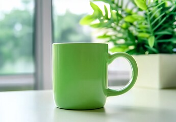 Obraz premium A bright green ceramic mug with a white rim, sitting on the counter of an office cubicle in front of plants and a window, close-up, high resolution, high quality, high detail, hyper-realistic