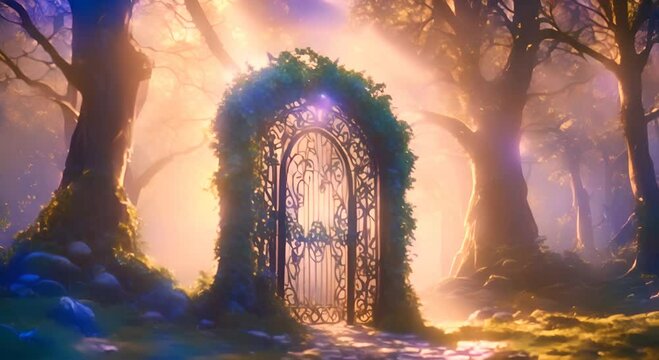 Enchanting glowing waterfall surrounded by lush forest foliage Seamless looping time lapse virtual video animation background 4K