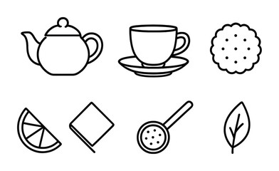 Tea time icons set – outline style beverage and snack symbols for tea lovers and cafés: teapot, teacup, biscuit, lemon slice, napkin, tea strainer, leaf