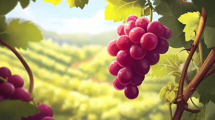 Fototapeta premium Cluster of grapes on the vine with a blurred vineyard background. Flashpetal Vine. Illustration