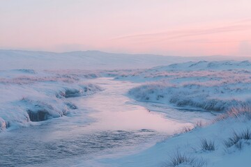 A serene winter landscape featuring a winding river flowing through snow covered fields at dusk or dawn