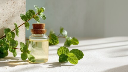 Spearmint essential oil with spearmint sprigs, fresh and energizing, minimal design  