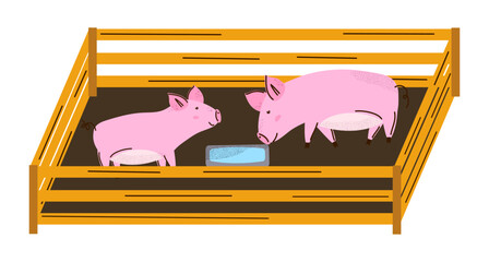 Pink pigs on farm are near a water trough. Vector illustration