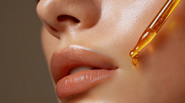 Dropper applying sandalwood and turmeric face oil on smooth skin, macro shot, glowing golden oil drop, botanical luxury skincare concept  