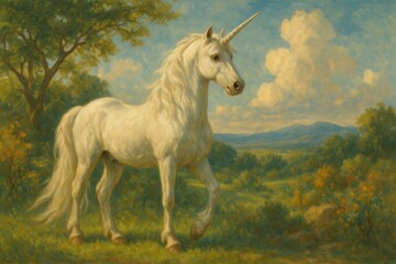 Obraz premium Majestic unicorn in serene landscape.