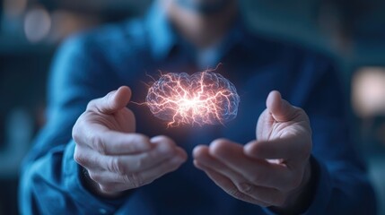 Person holding glowing brain symbol of artificial intelligence and creativity concepts