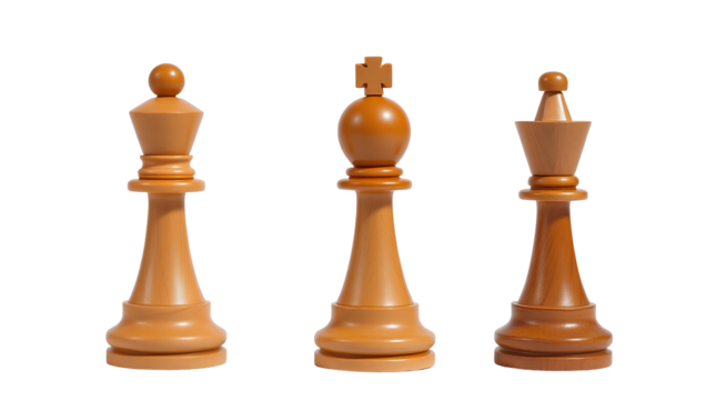 Photo of three wooden chess pieces isolated on transparent background.png 