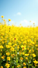 Fototapeta premium Yellow flower field, vibrant nature landscape.