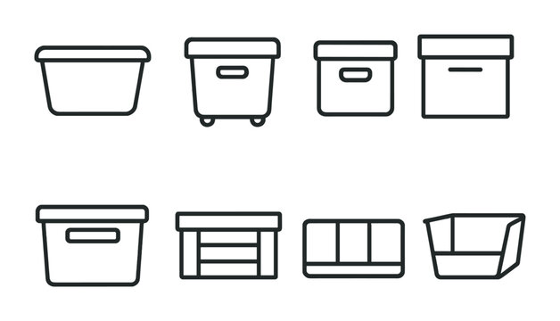 Storage container icon set &ndash; outline style graphics for organization and storage solutions: box, bin, drawer, basket, crate, carton, tub, tote
