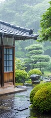 Obraz premium Rainy Serenity Japanese Garden Tranquility.