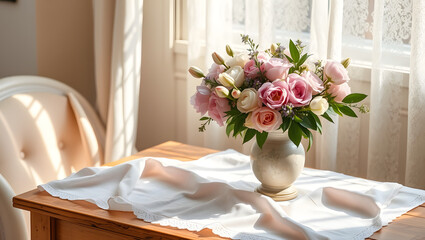 Vintage Vase Peonies Flowers Rustic Table Lace Curtain Setting Mockup Branding Spring Mothers Day Pink Window Sunny